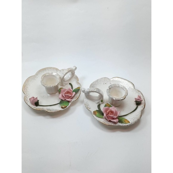 Lefton Pink Rose Chamberstick Candle Holders Gold Sponged Accent Set of 2 Japan - Picture 1 of 9